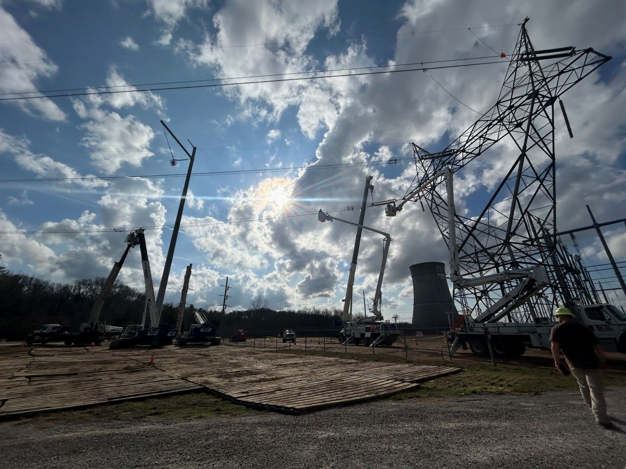 Crews replace two transmission structures outside the Franklin Substation in Franklin County, Mississippi.
